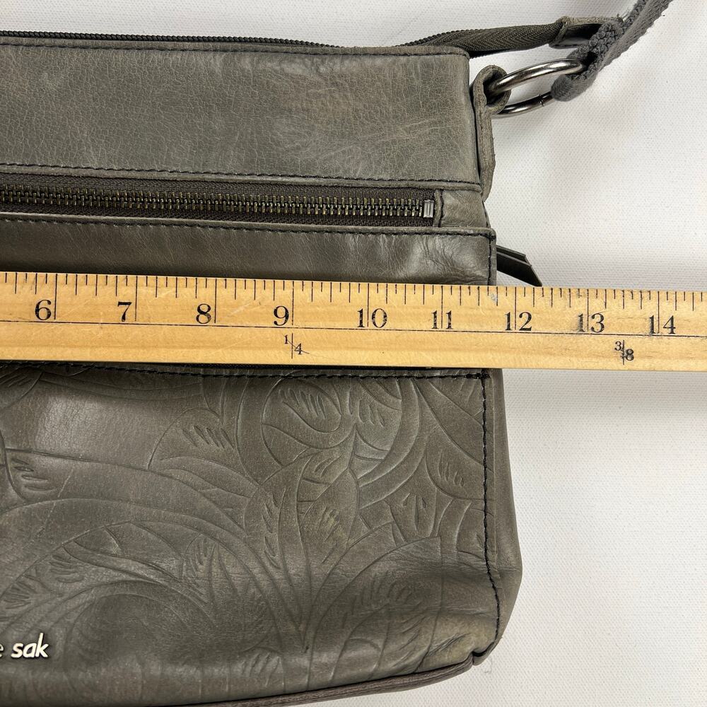 The Sak Reseda Gray Leather Bohemian Crossbody Bag Purse Embossed Floral - Picture 13 of 16